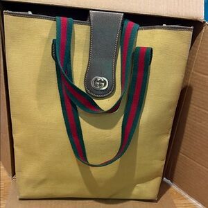 Authentic Vintage Gucci Sherry Line Tan Canvas Tote with Signature Straps